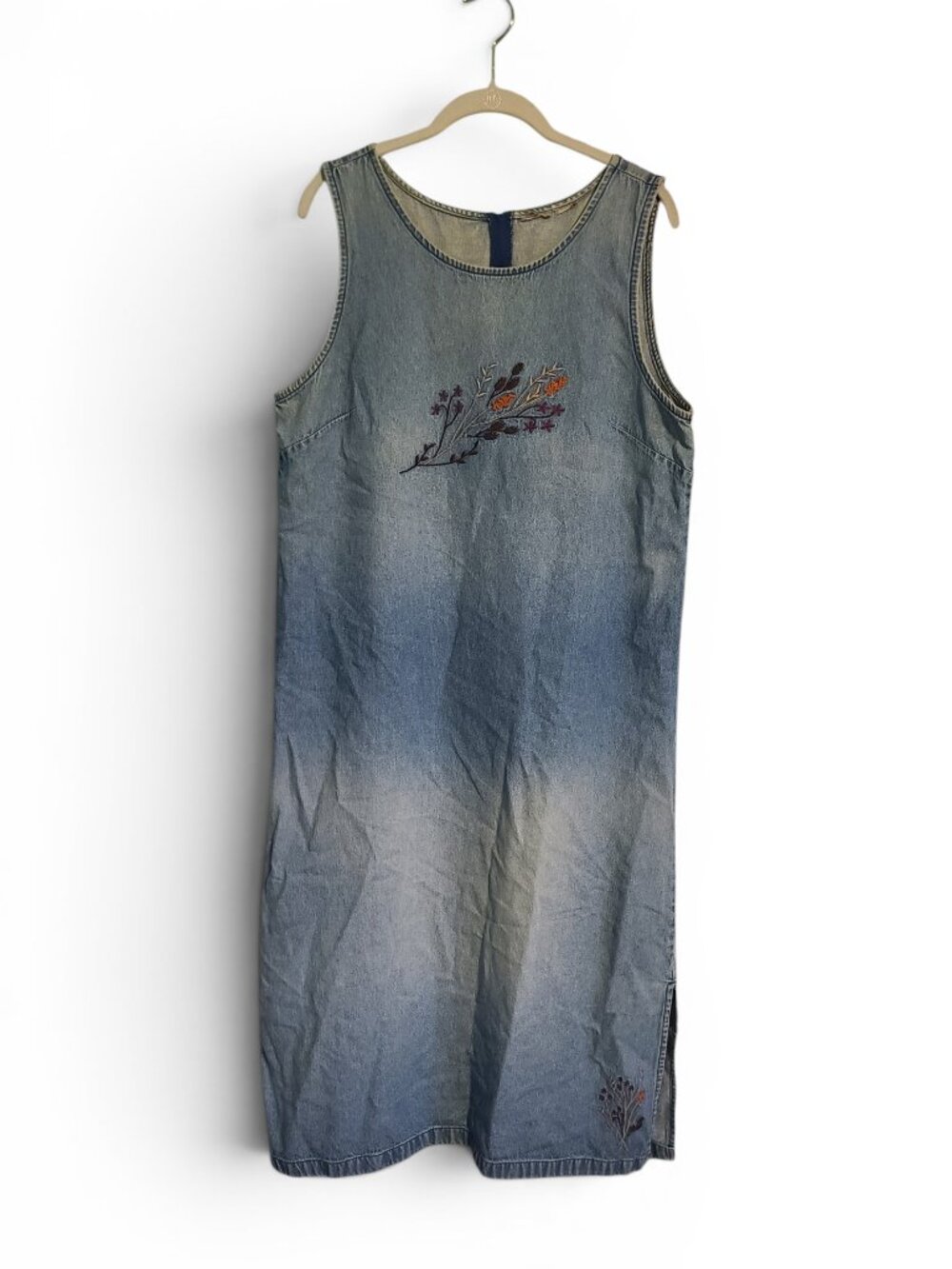 Vintage 90s Embroidered Denim Sleeveless Jumper Dess Women's Size Large Cottage